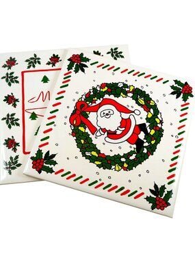 Christmas Holiday 6x6" Tile Coaster Set of 2 Vintage 1980s Santa Poinsettias